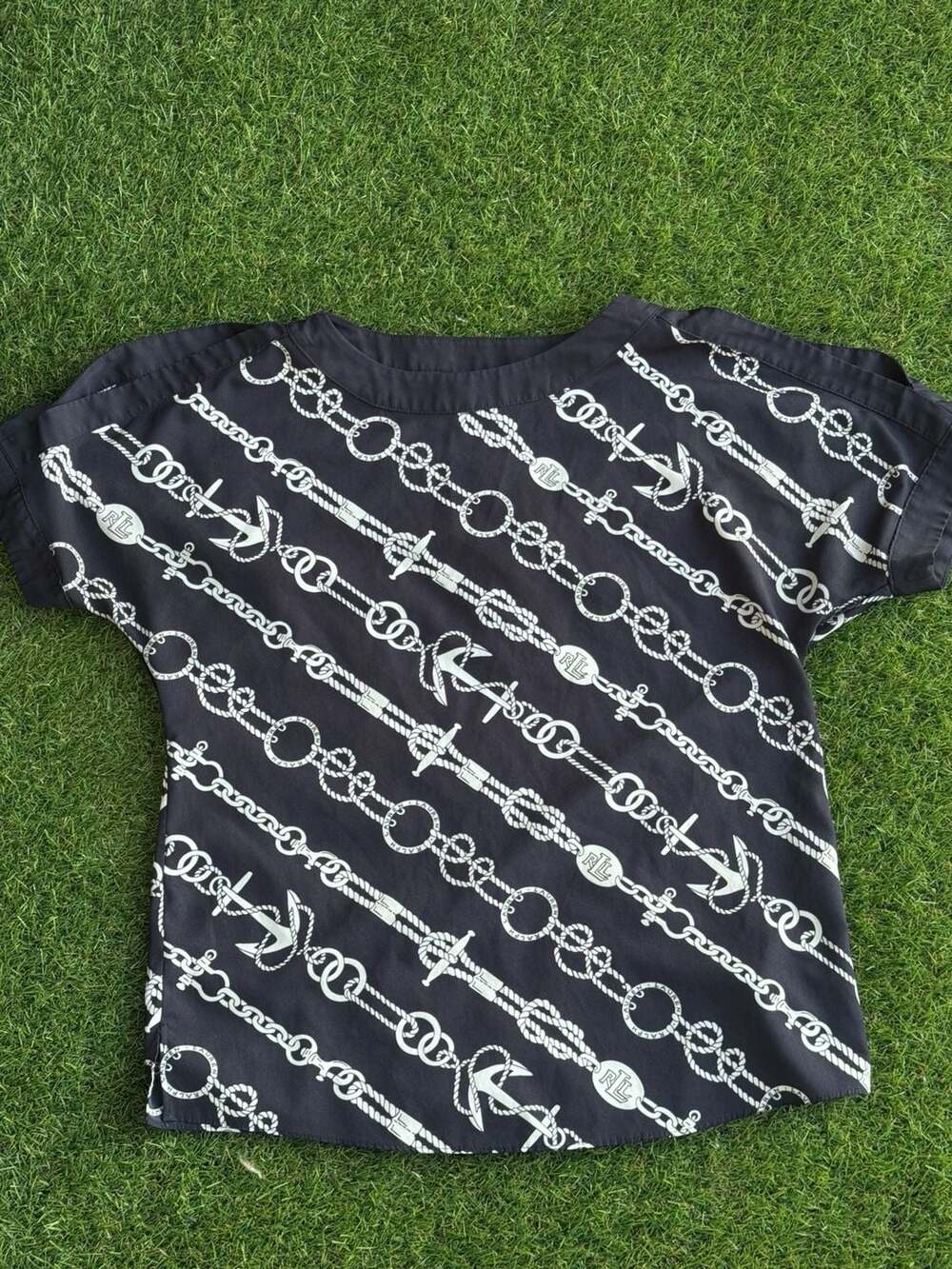Lauren Ralph Lauren Split Dolman Sleeve Anchor Print Nautical Top